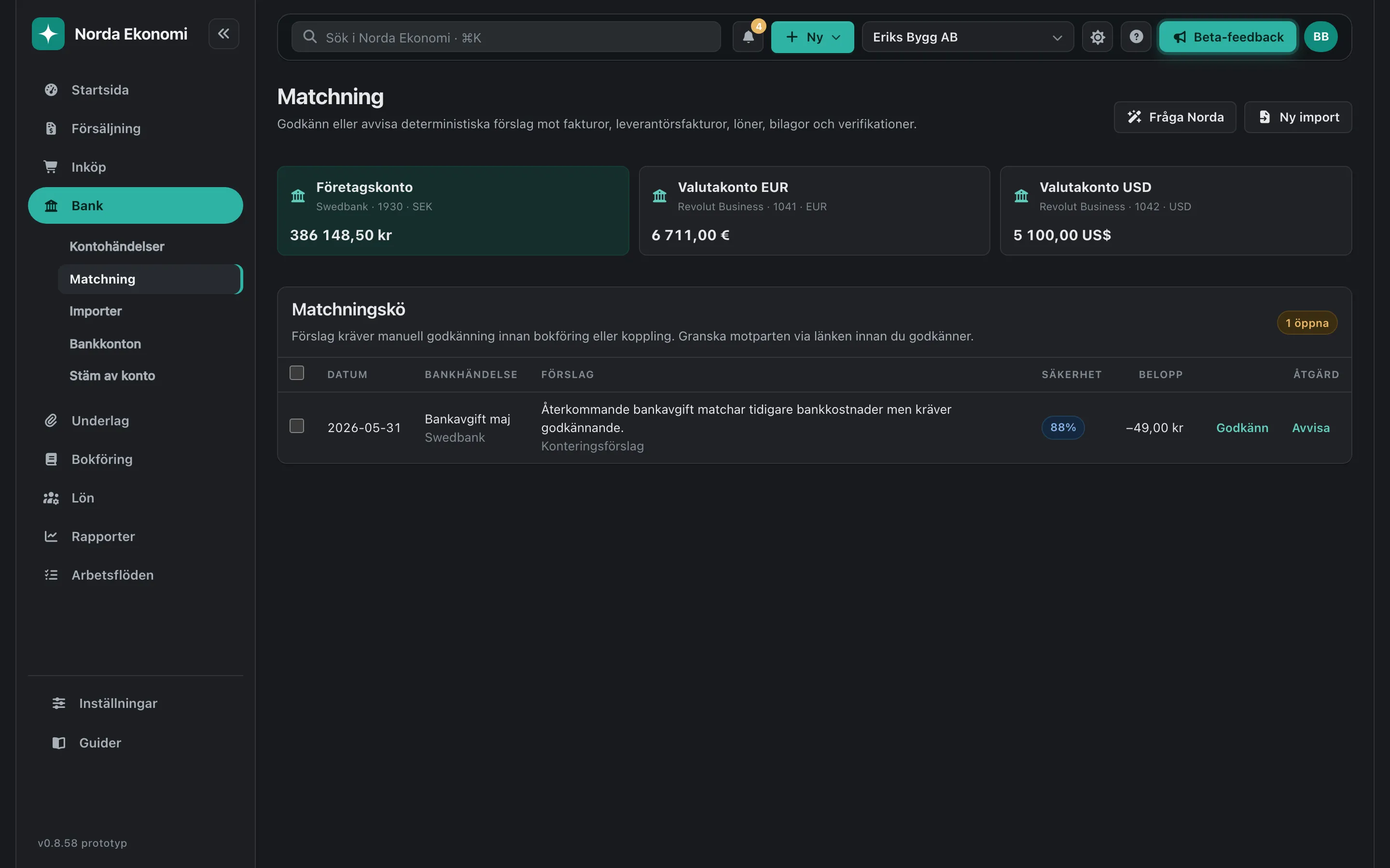 Norda Ekonomis bankmatchningskö med konfidensgrad och motivering